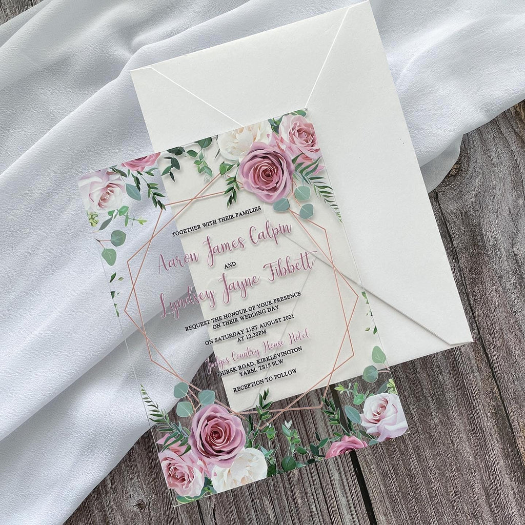 Floral Acrylic Wedding Invitation | Blush Pink, Shimmer Envelope
