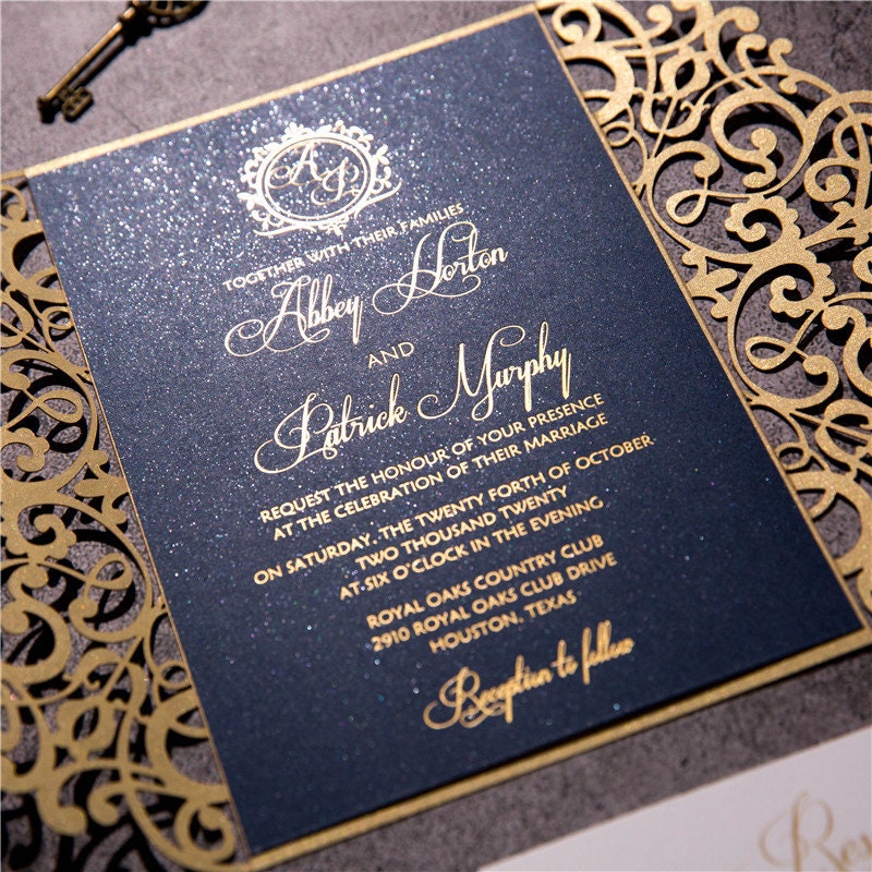 Gold Lasercut Wedding Invitation, Navy Bellyband & Gold Foiling