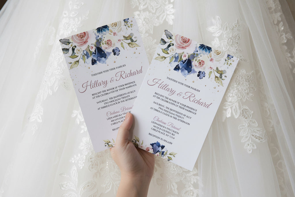 Blue & Pink Floral Wedding Invitation, UV Printed Flat Invite