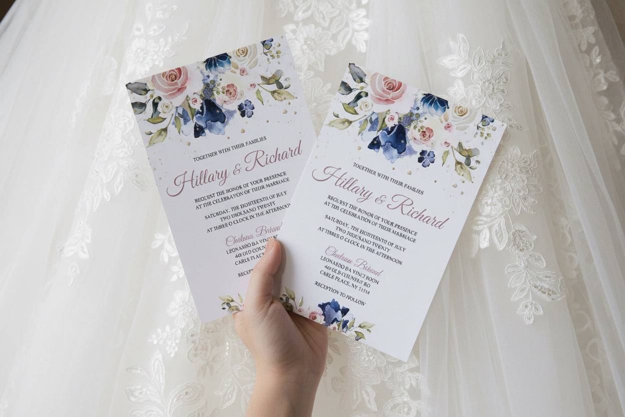 Blue & Pink Floral Wedding Invitation, UV Printed Flat Invite