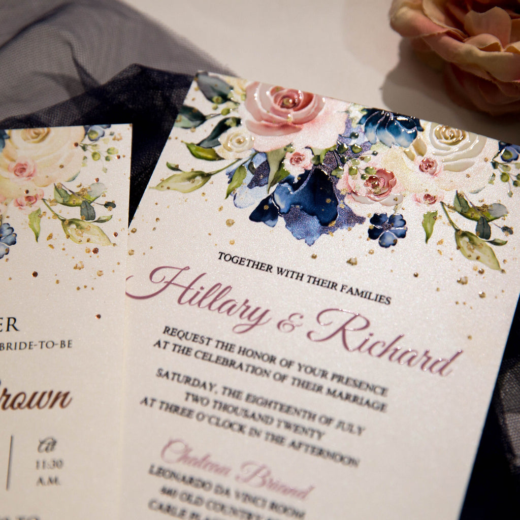 Blue & Pink Floral Wedding Invitation, UV Printed Flat Invite