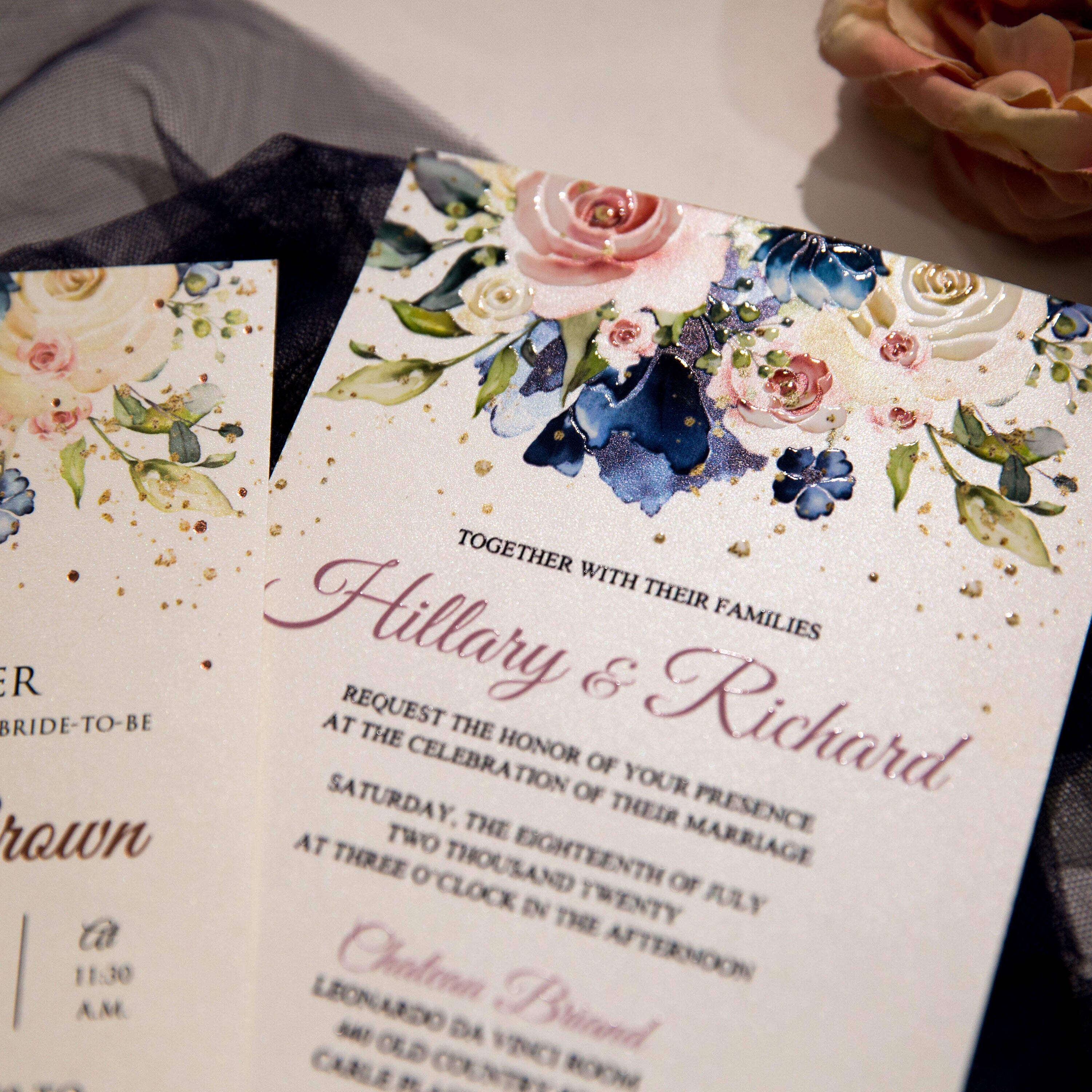 Blue & Pink Floral Wedding Invitation, UV Printed Flat Invite
