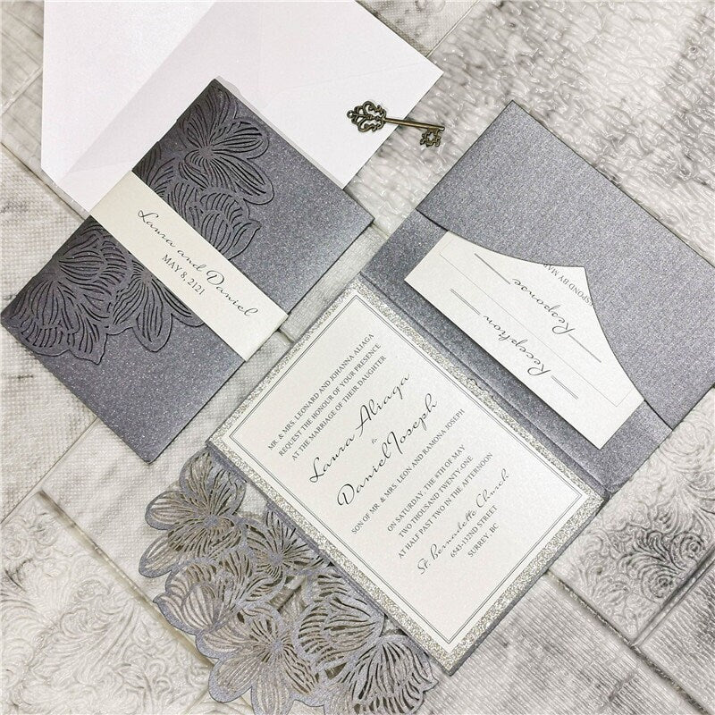 Laser Cut Wedding Invitation in Silver Grey Shimmer