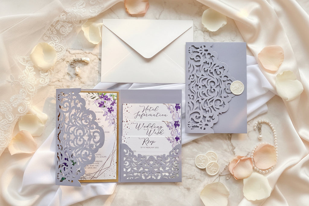 Lilac Purple Lasercut Wedding Invite | Gold Detail, Floral Inserts