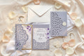 Lilac Purple Lasercut Wedding Invite | Gold Detail, Floral Inserts