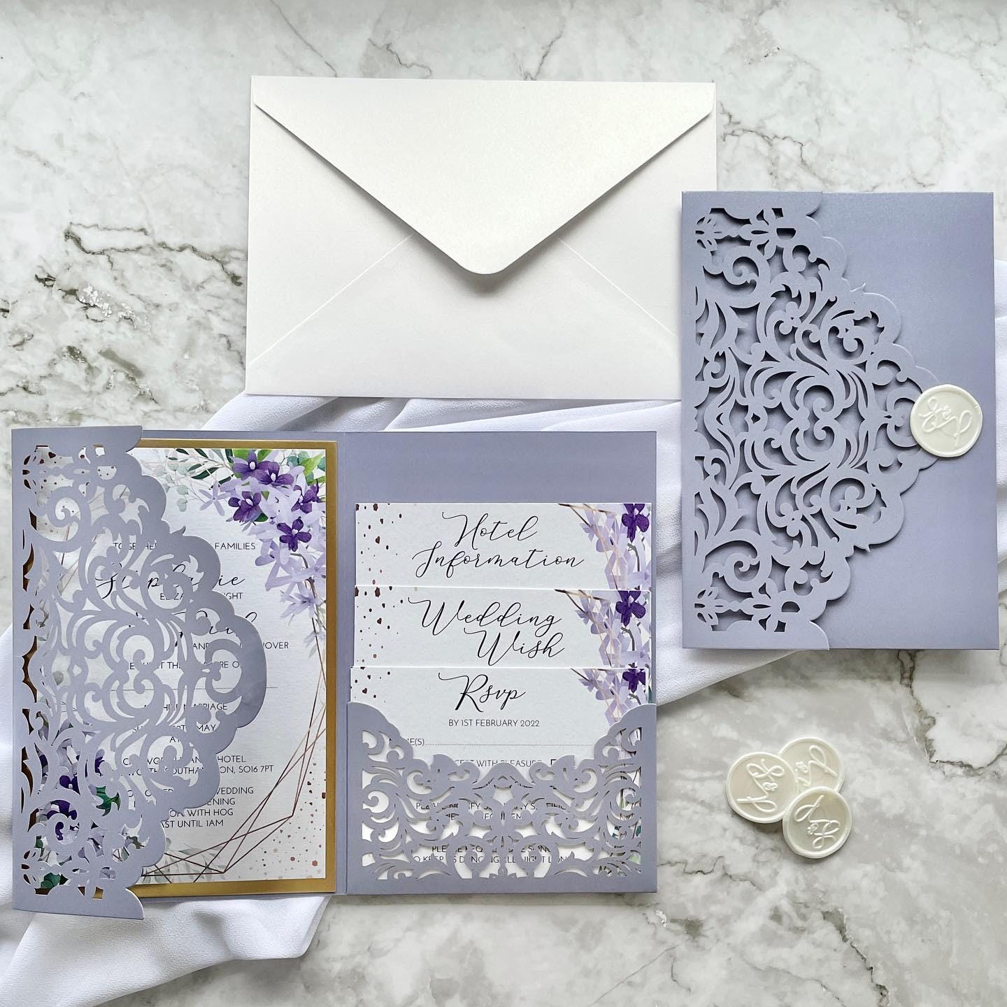 Lilac Purple Lasercut Wedding Invite | Gold Detail, Floral Inserts