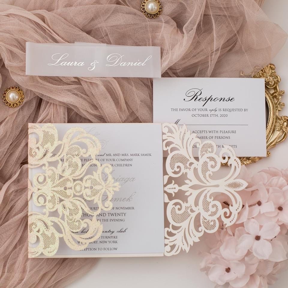 Blush Glitter Wedding Invitation: Silver Foil, Vellum Bellyband