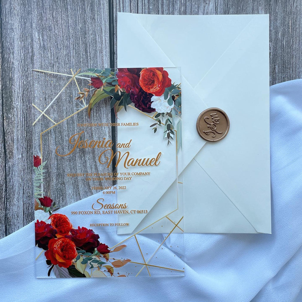 Floral Clear Acrylic Wedding Invitation Suite | Burgundy, Orange & Red