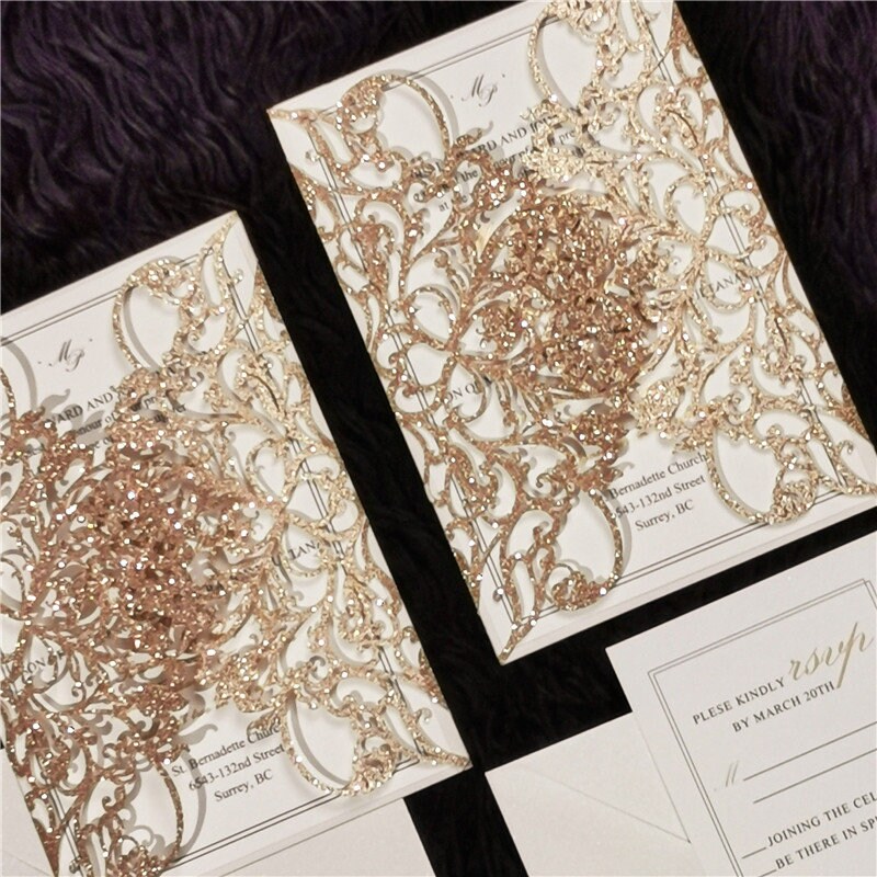 Rose Gold Glitter & White Delicate Lasercut Gatefold Wedding Invite