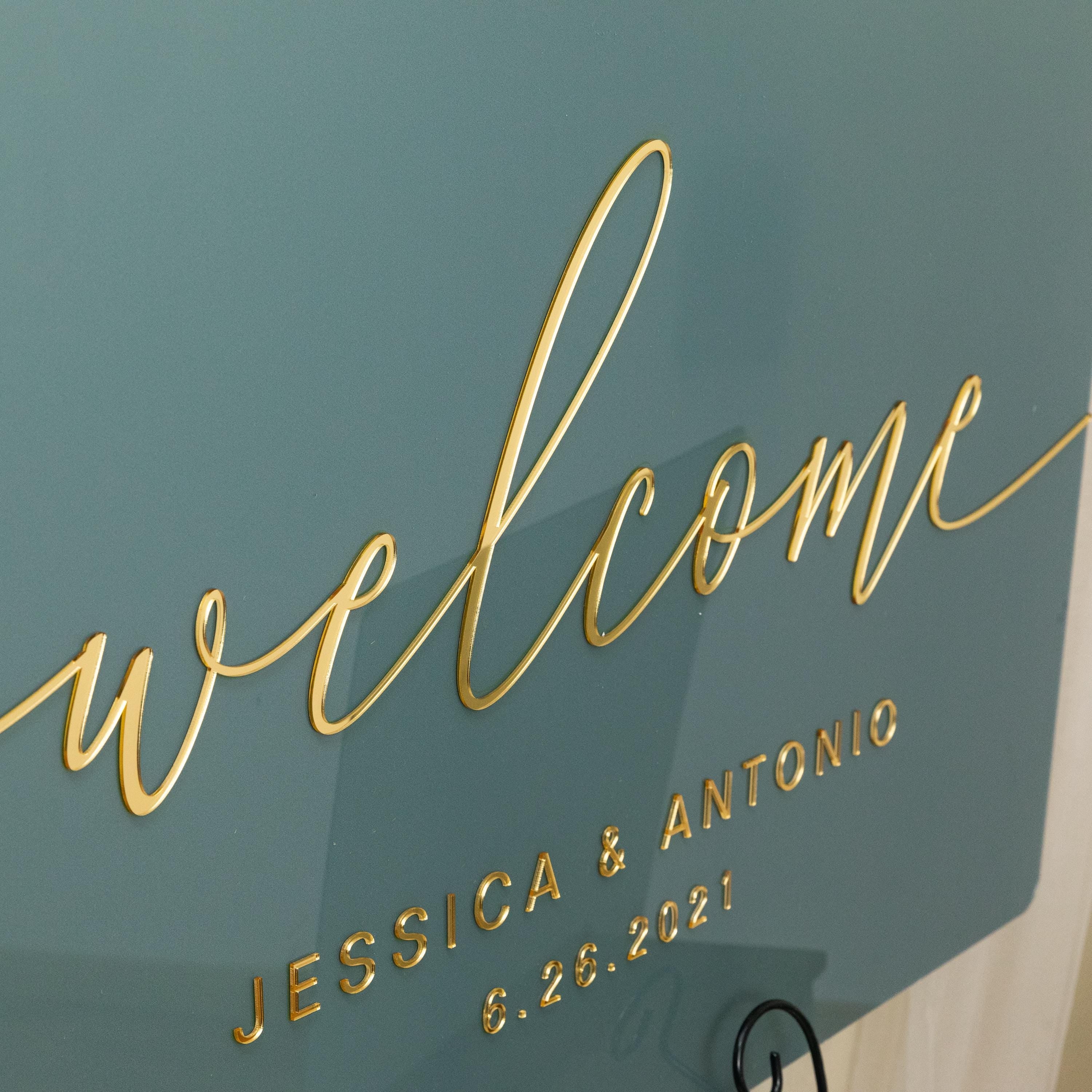 Sage Green Acrylic Wedding Welcome Sign, Gold 3D Lettering