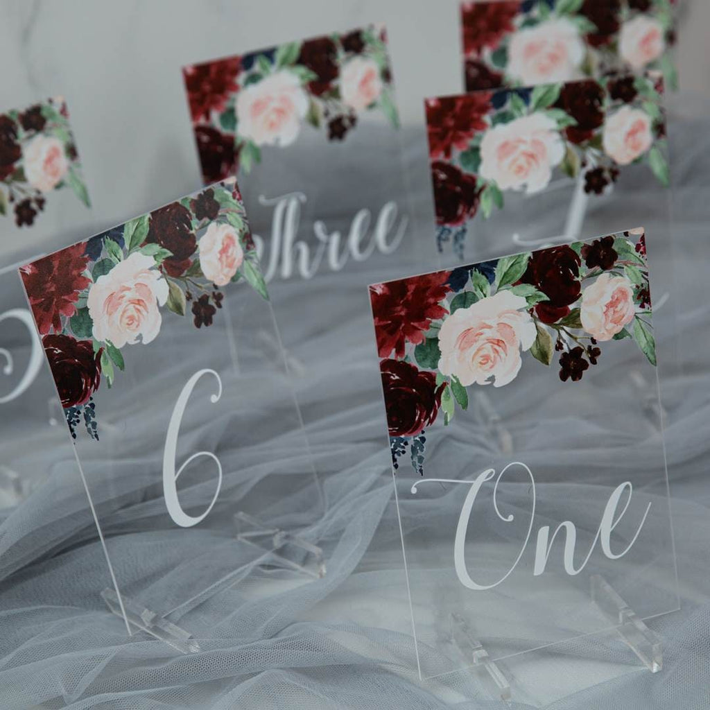 Burgundy Floral Acrylic Wedding Table Number or Name Sign