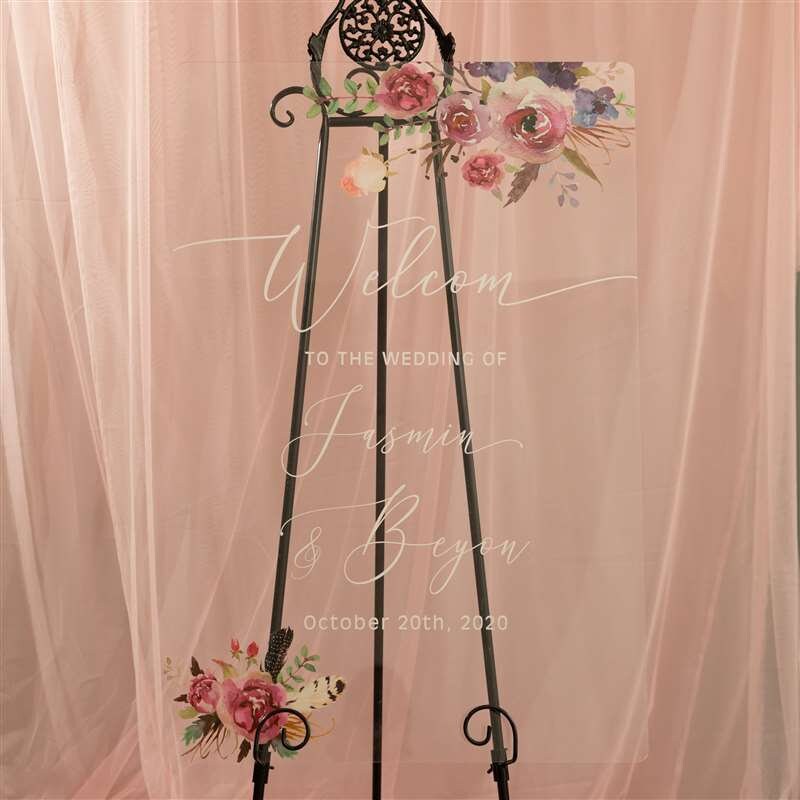 Floral Wreath Acrylic Wedding Welcome Sign, Personalized Calligraphy