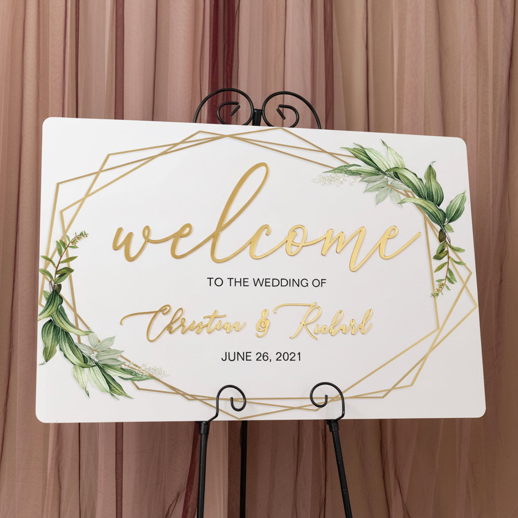 Geometric Foliage Wedding Welcome Sign, Gold Acrylic Calligraphy