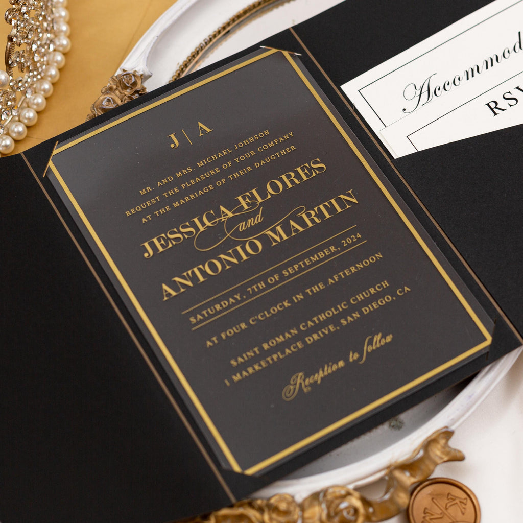 Black & Gold Acrylic Wedding Invitation | Pocketfold Envelope, Wax Seal