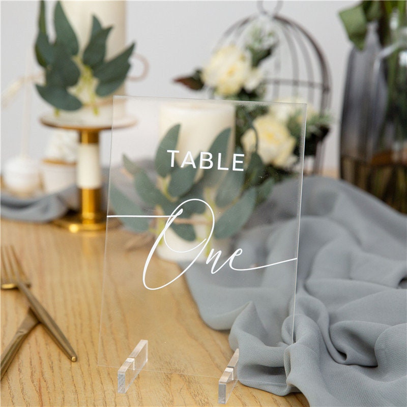 Clear Acrylic Wedding Table Number/Name Sign, Minimalist Design (5x7 inches)
