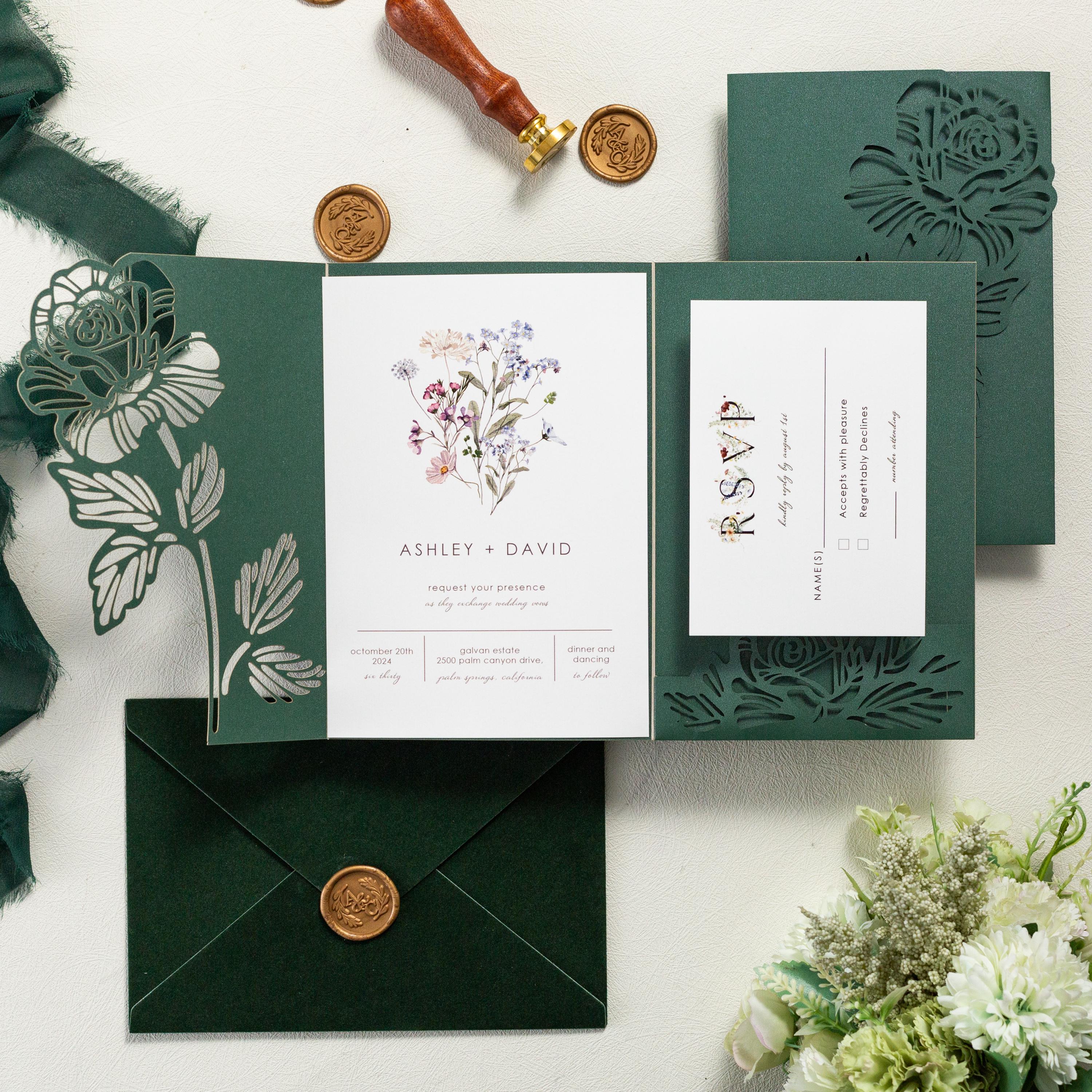 Emerald Green Laser Cut Wedding Invitation, Floral Velvet Envelope, Gold Wax Seal