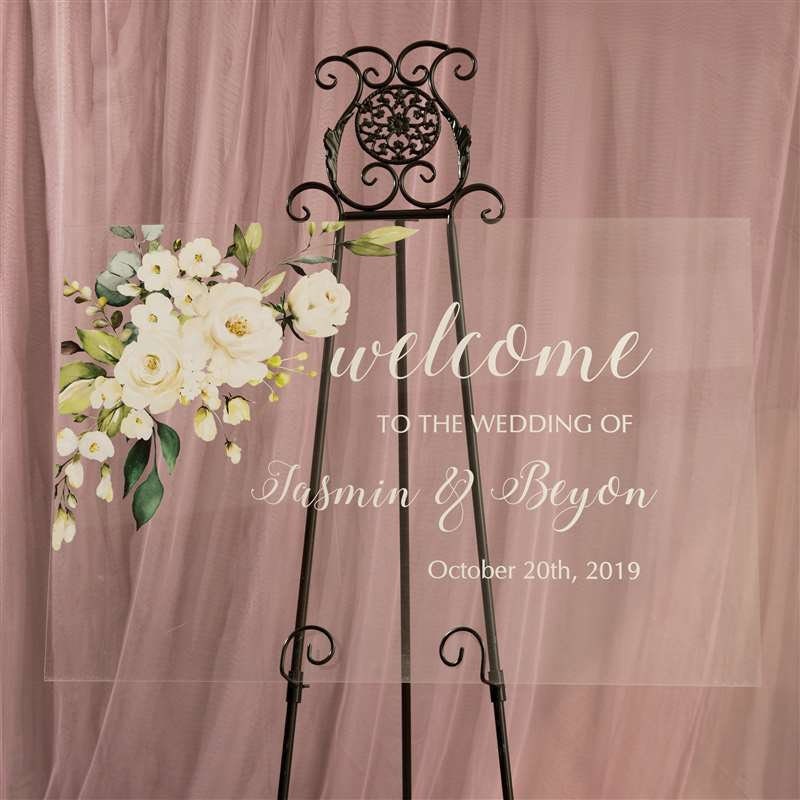 White Elegant Floral Acrylic Welcome Sign