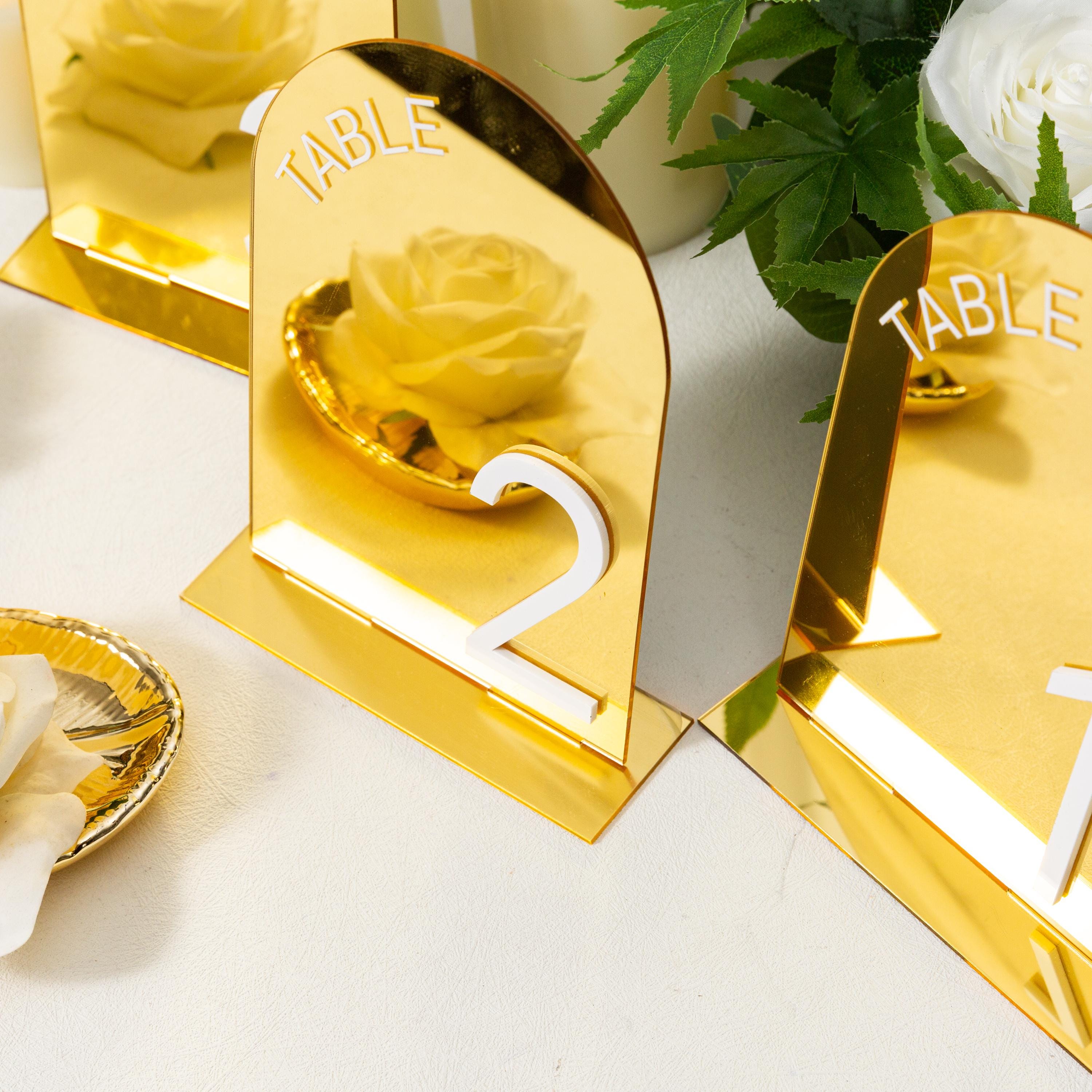 Arch Wedding Table Numbers and Names in Gold Mirror Acrylic and White 3D Letters