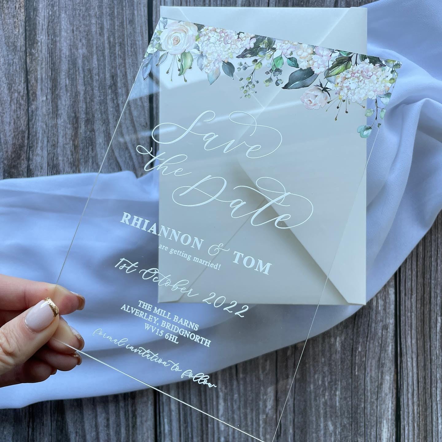 Floral Acrylic Save The Date | White Ink, Shimmer Envelope