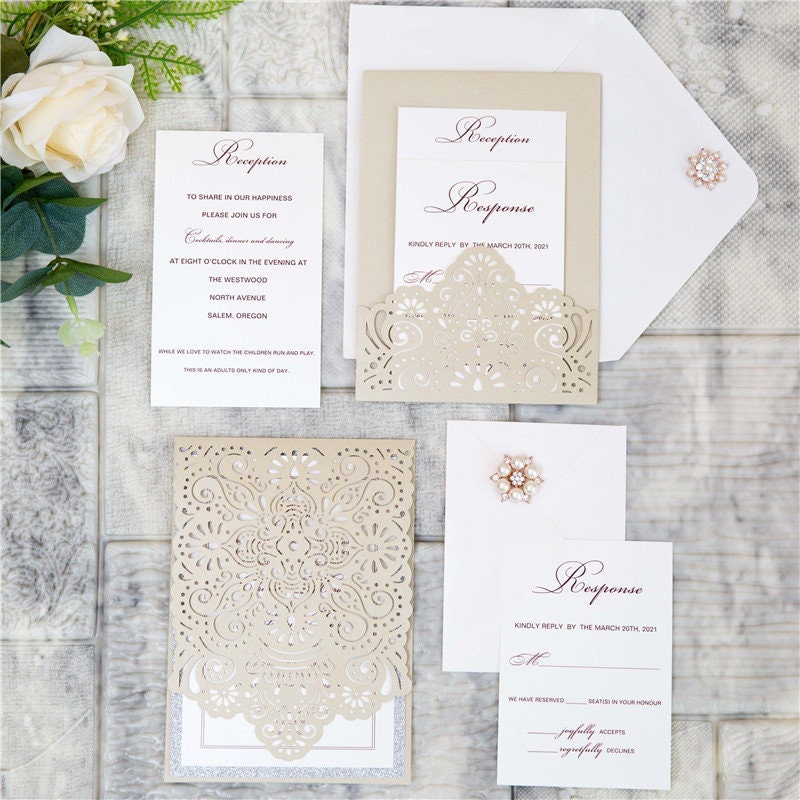 Champagne Gold Pocket Lasercut Wedding Invite / Wedding Invitation