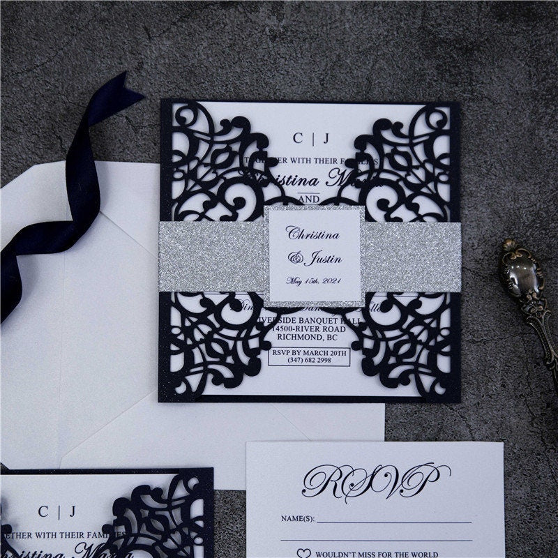Navy Lasercut Gatefold Wedding Invitation with Silver Glitter Belly Band