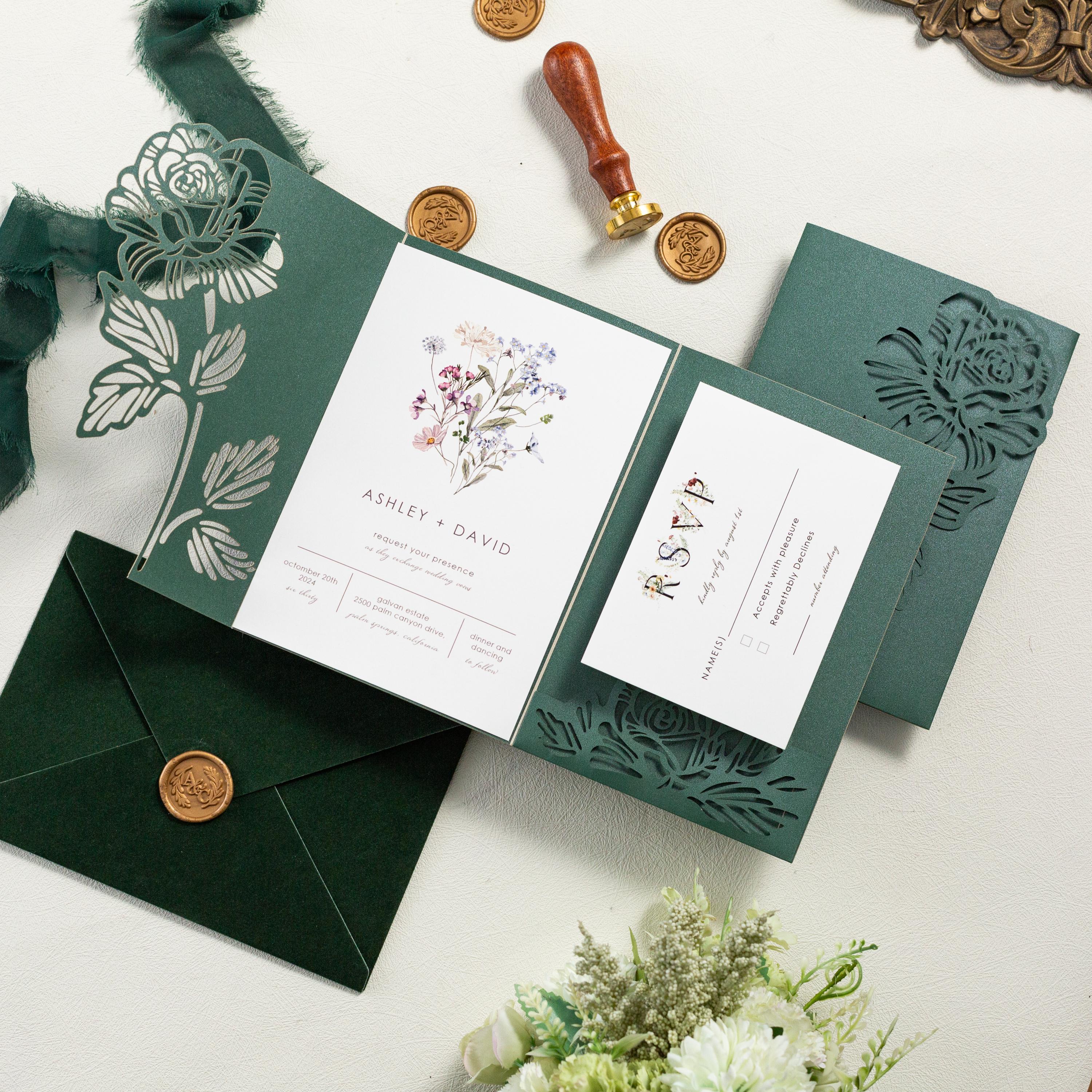 Floral Lasercut Pocketfold Wedding Invitation with Matching Inserts & Personalised Wax Seal with Velvet Envelope