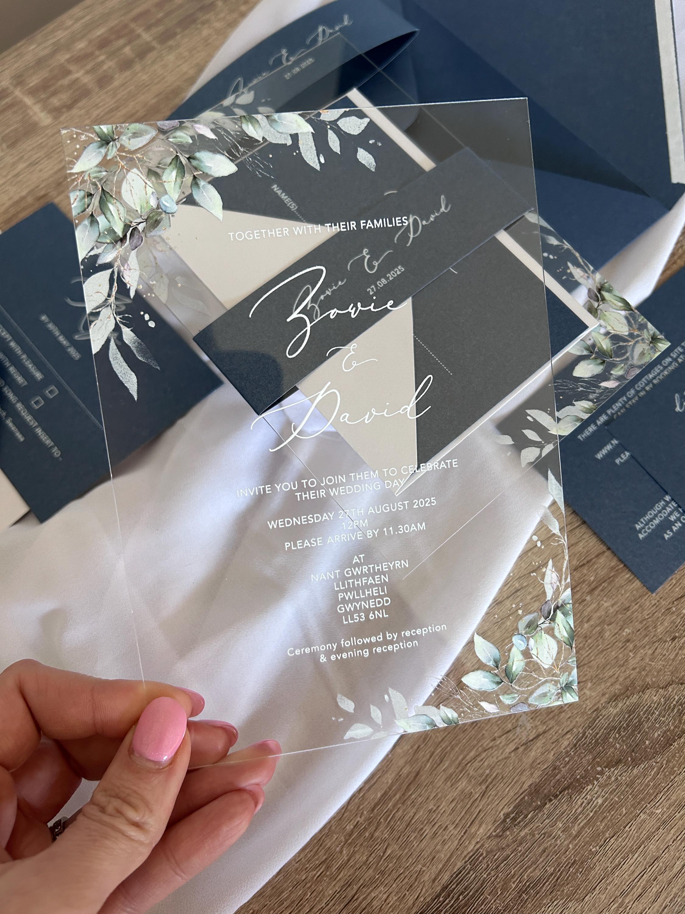 Navy & Clear Acrylic Wedding Invitation | Green Foliage, Elegant Suite