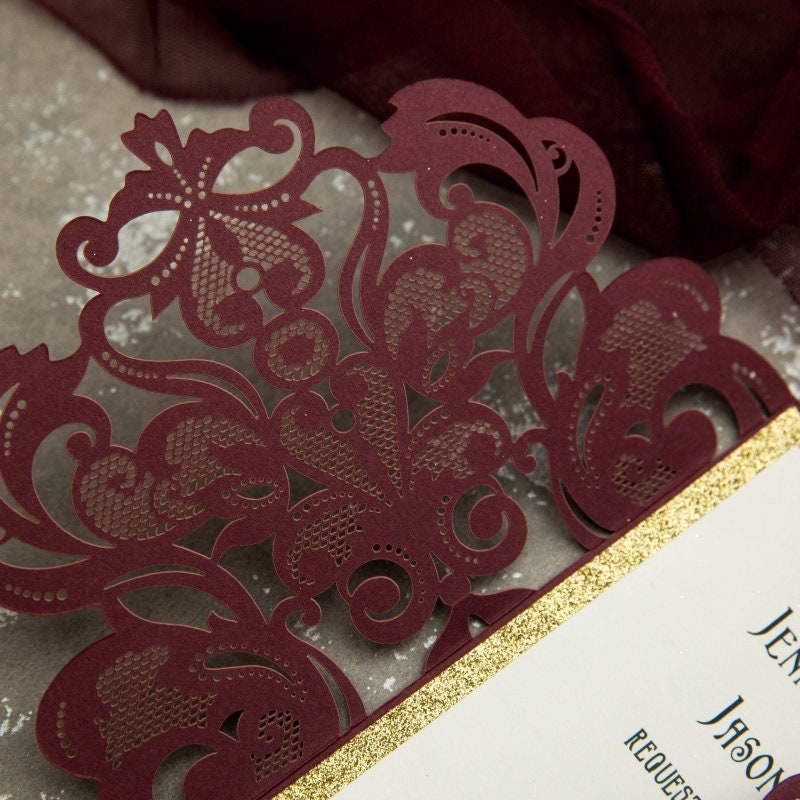 Burgundy & Gold Glitter Laser Cut Wedding Invitation Suite