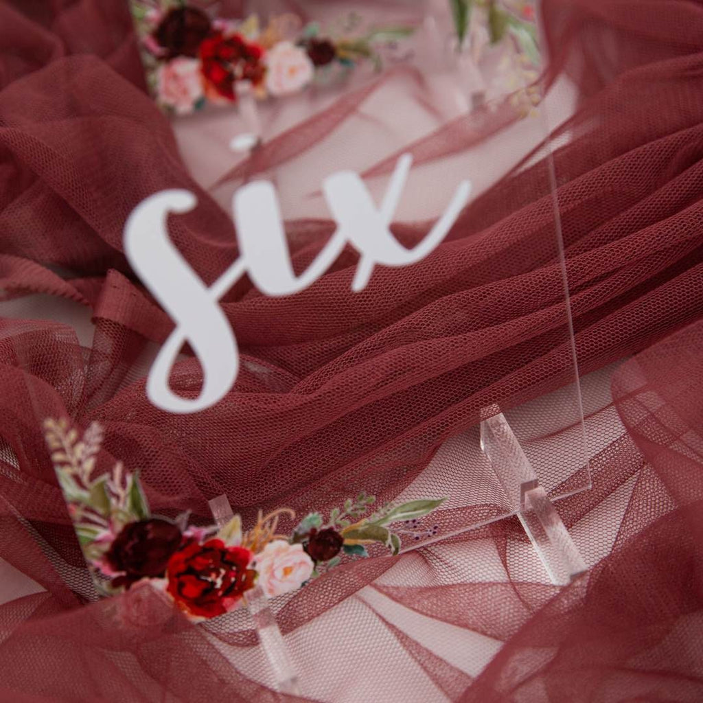 Burgundy Blush Floral Acrylic Wedding Table Number