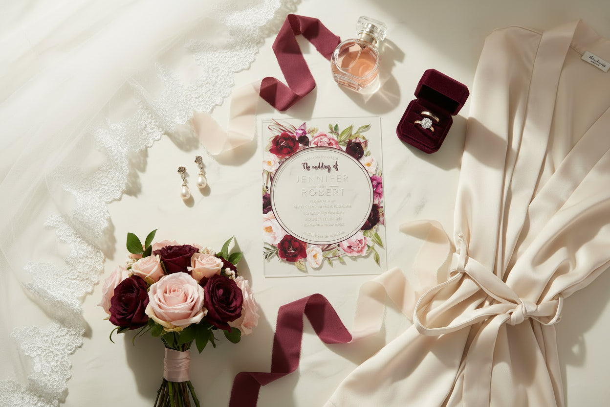 Acrylic Clear Burgundy Red Floral Wreath Wedding Invitation