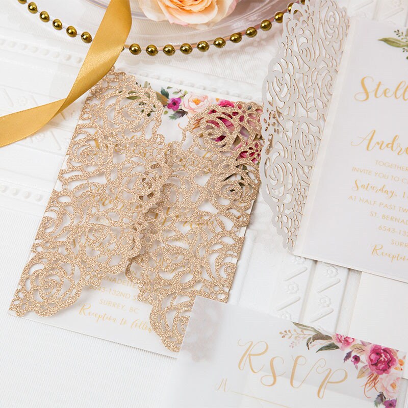 Rose Gold Glitter Lasercut Wedding Invitation with Pink Florals