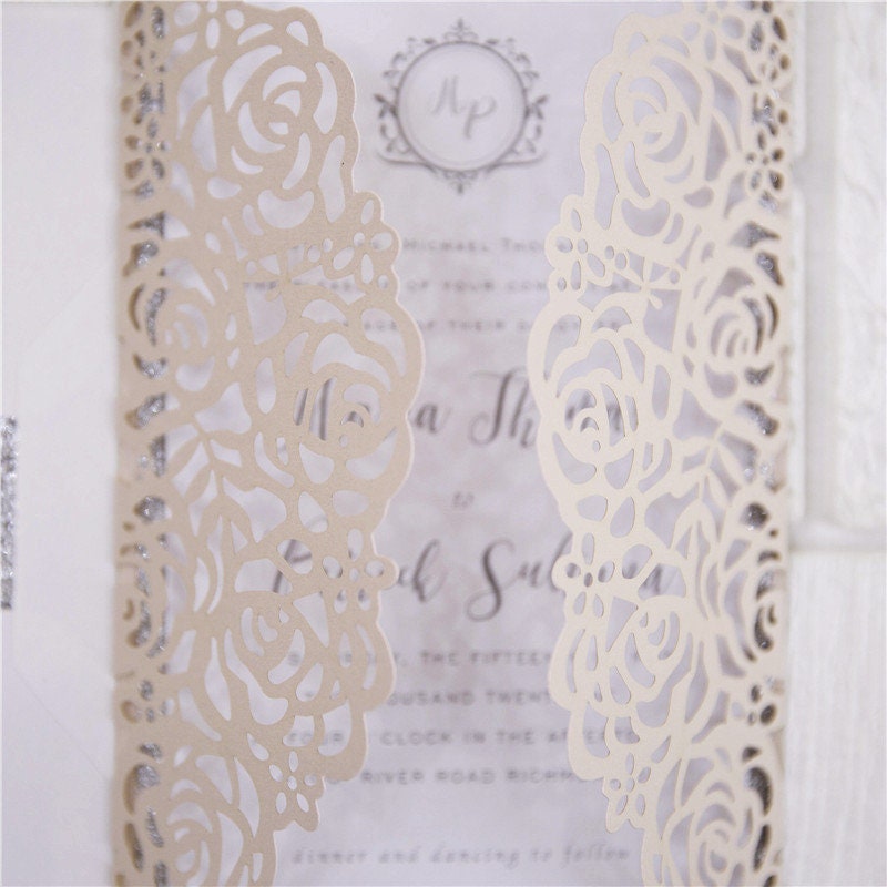 Blush & Silver Laser Cut Wedding Invitation, Glitter Belly Band