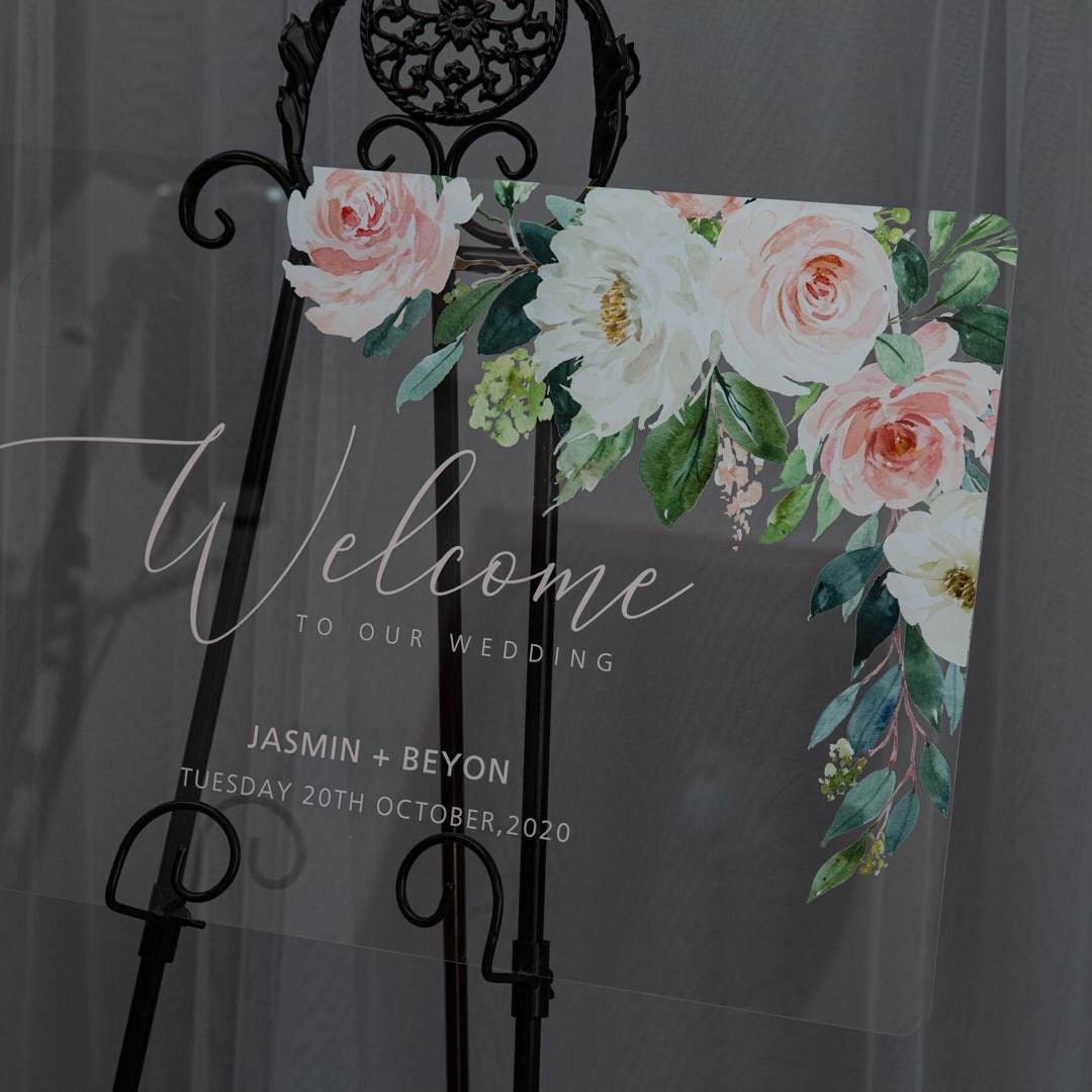 Blush Floral Acrylic Wedding Welcome Sign, Personalized Calligraphy
