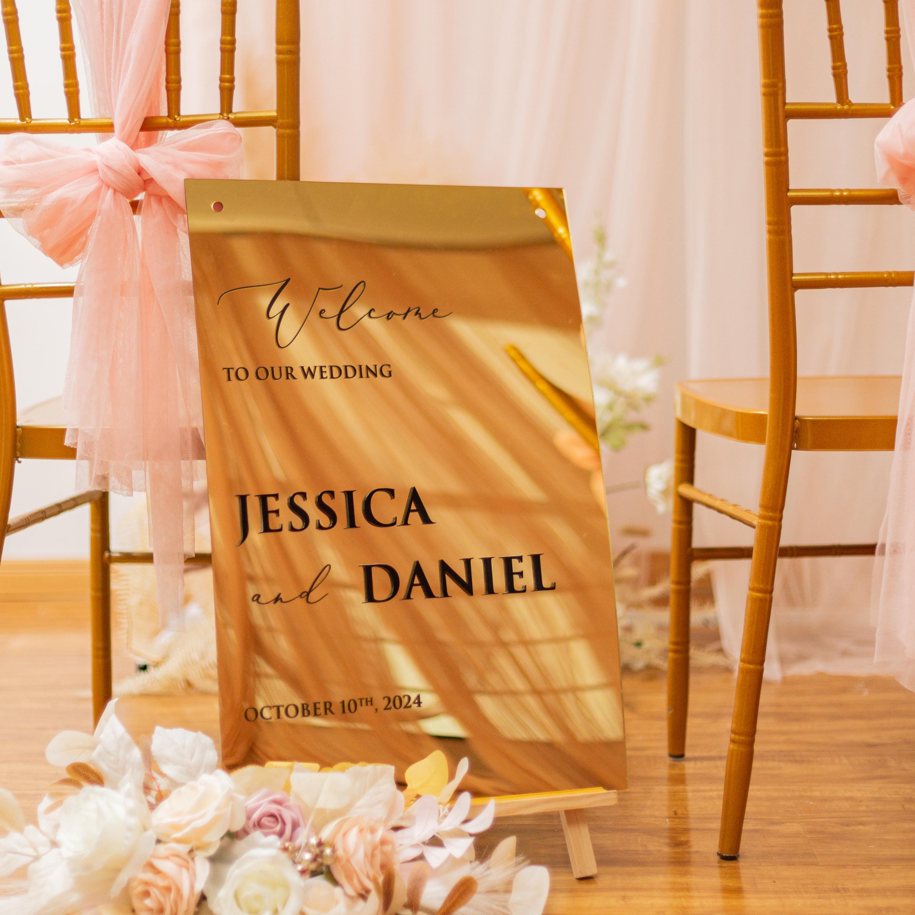 Gold Mirror Acrylic Wedding Welcome Sign, 3D Black Writing