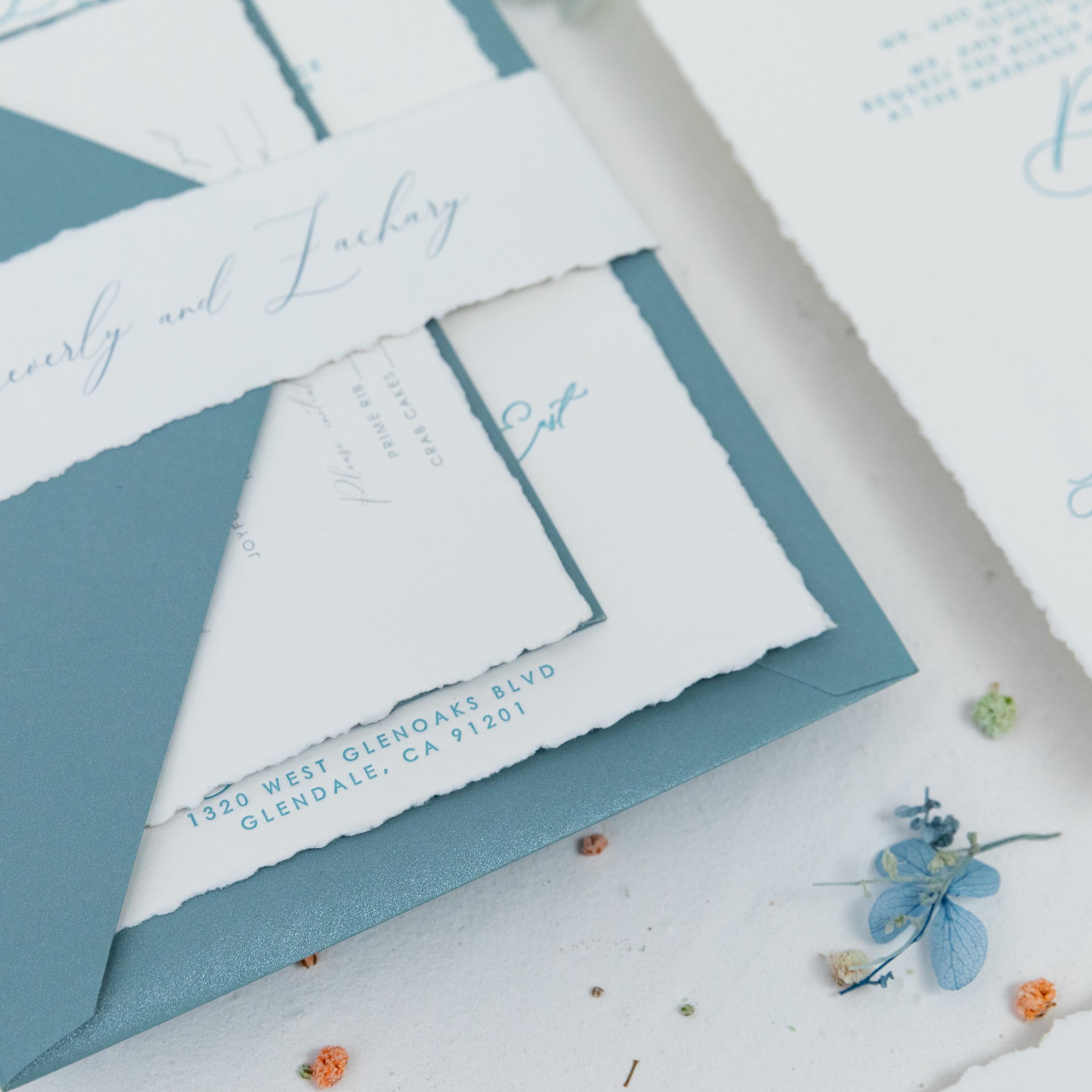 Dusty Blue Letter Press Deckle Edge Wedding Invite with Bellyband and Matching Envelope