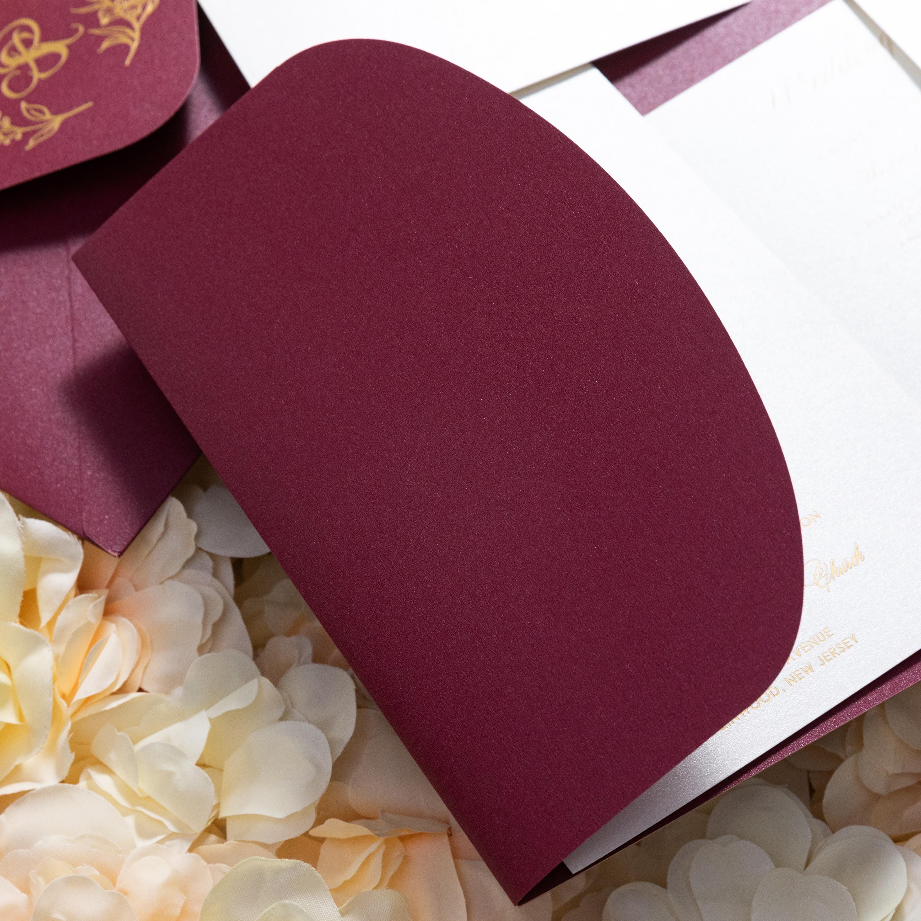 Burgundy and Gold Foiled Wedding Invitation Pocketfold with Inserts Vellum Bellyband and Wax Seal