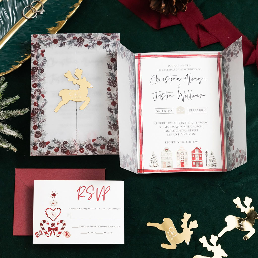 Acrylic Winter Wedding Invitation | Vellum Gatefold, Gold Reindeer