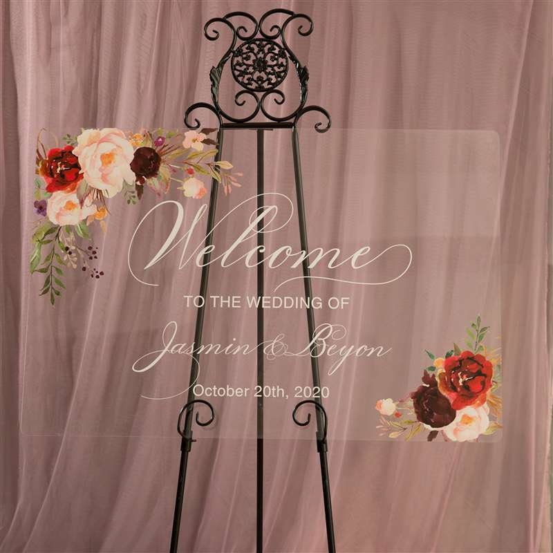 Burgundy Blush Floral Acrylic Wedding Welcome Sign