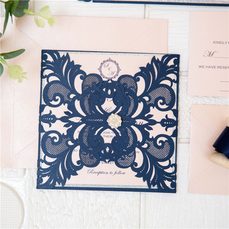 Navy Laser Cut Wedding Invitation, Blush and Silver Glitter
