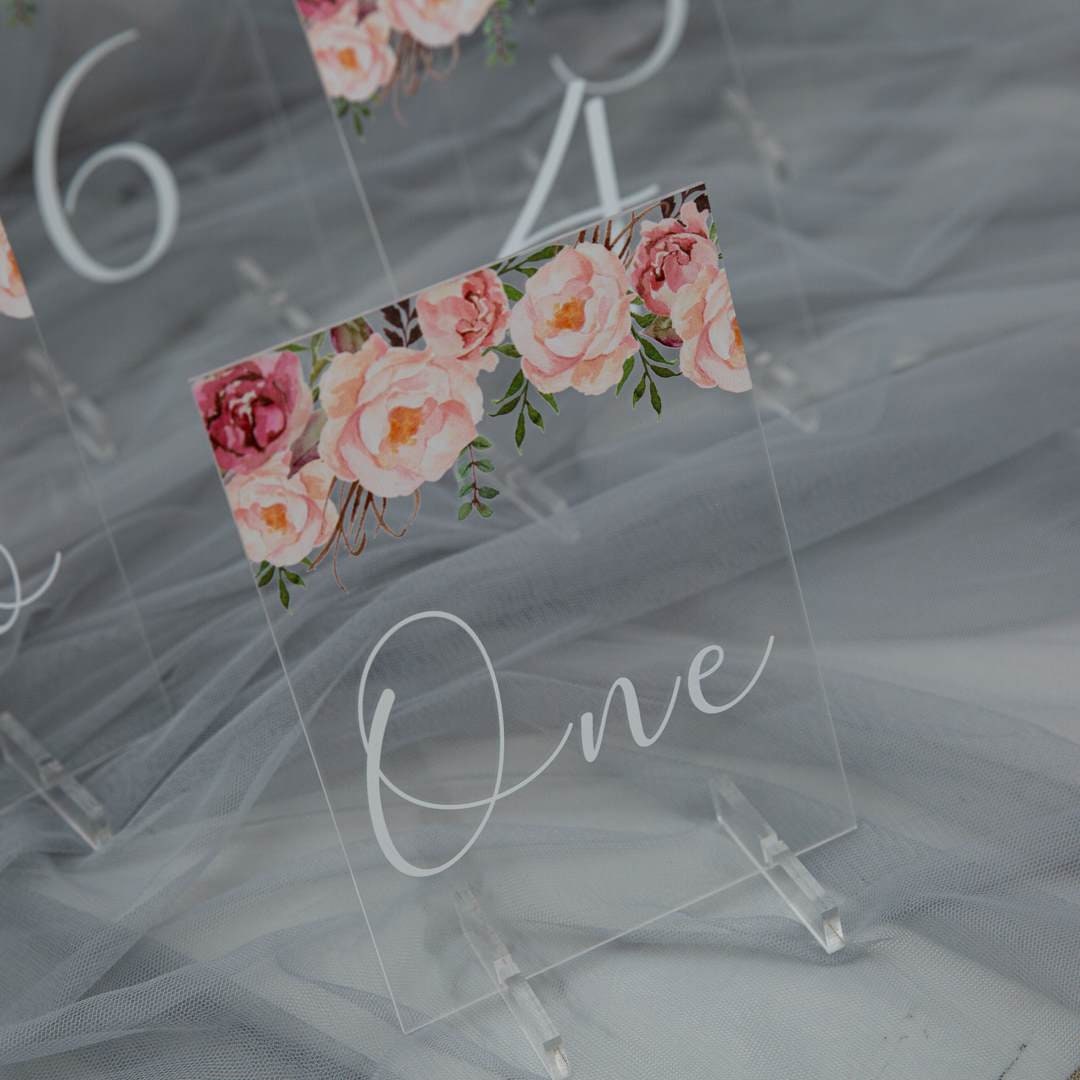 Peach & Pinks Floral Acrylic Wedding Table Number