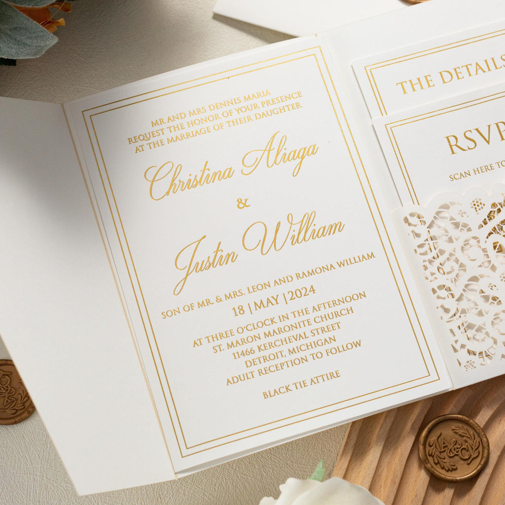 Ivory Shimmer Pocketfold Lasercut Wedding Invitation with Gold Foil and Wax Seal Detailing