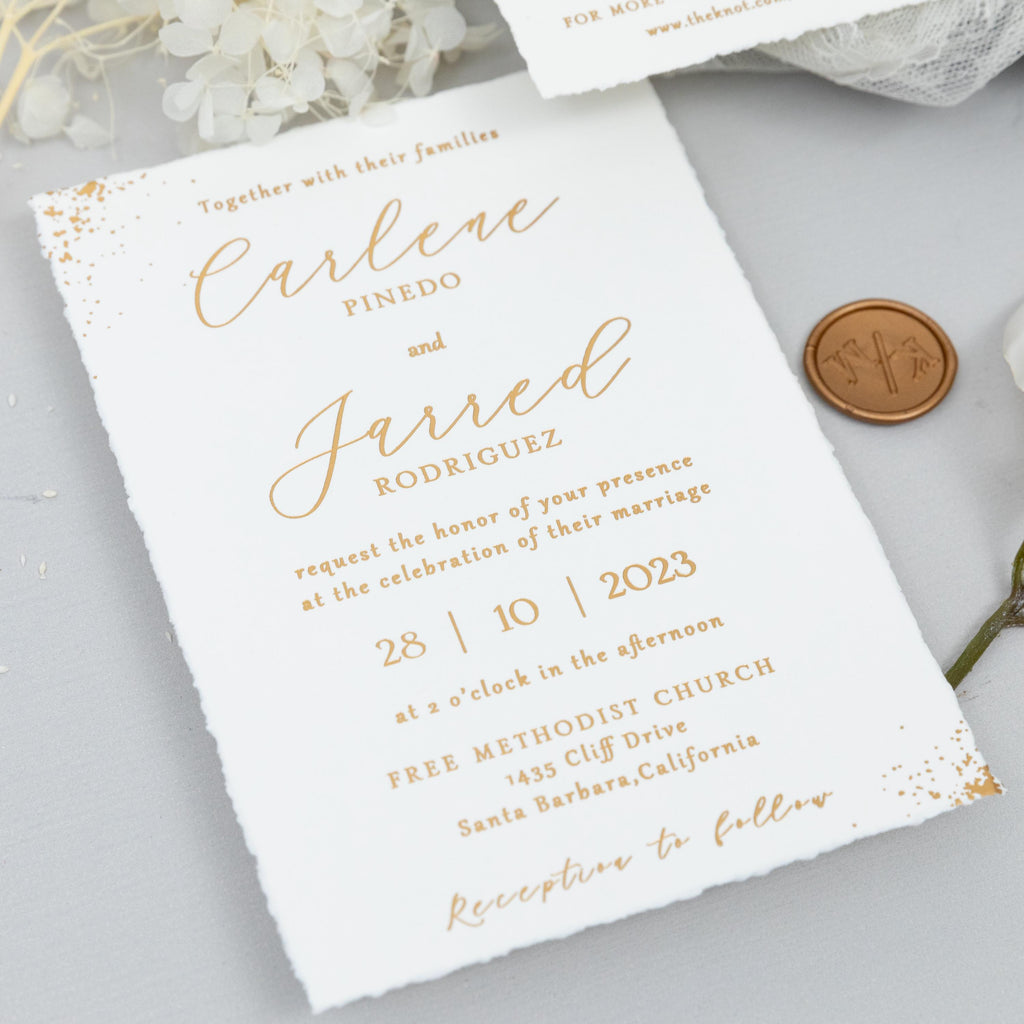 Gold Foiled Deckle Edge Wedding Invitation | RSVP & Wax Seal