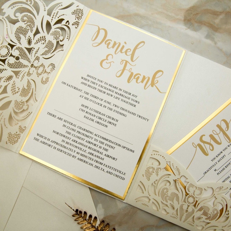 Laser Cut Wedding Invitation: Ivory Shimmer, Gold Mirror