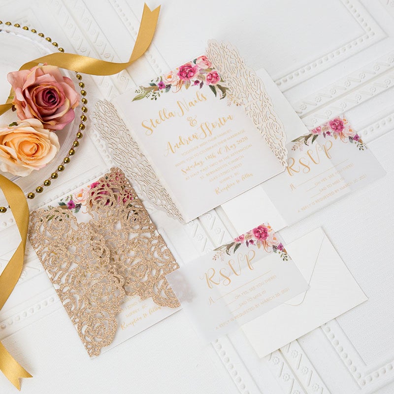 Rose Gold Glitter Lasercut Wedding Invitation with Pink Florals