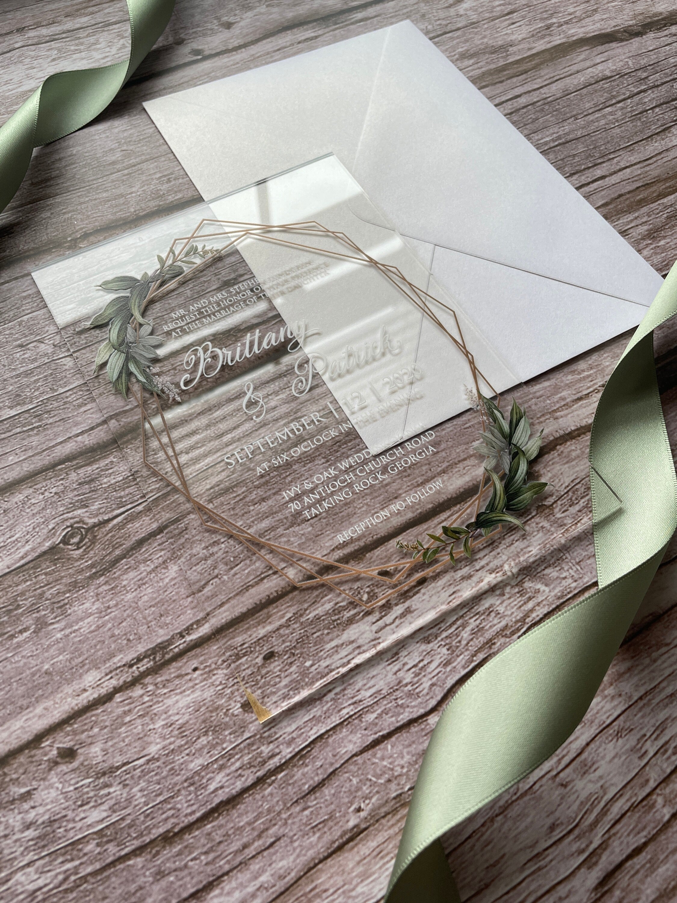 Geometric Eucalyptus Acrylic Wedding Invitation