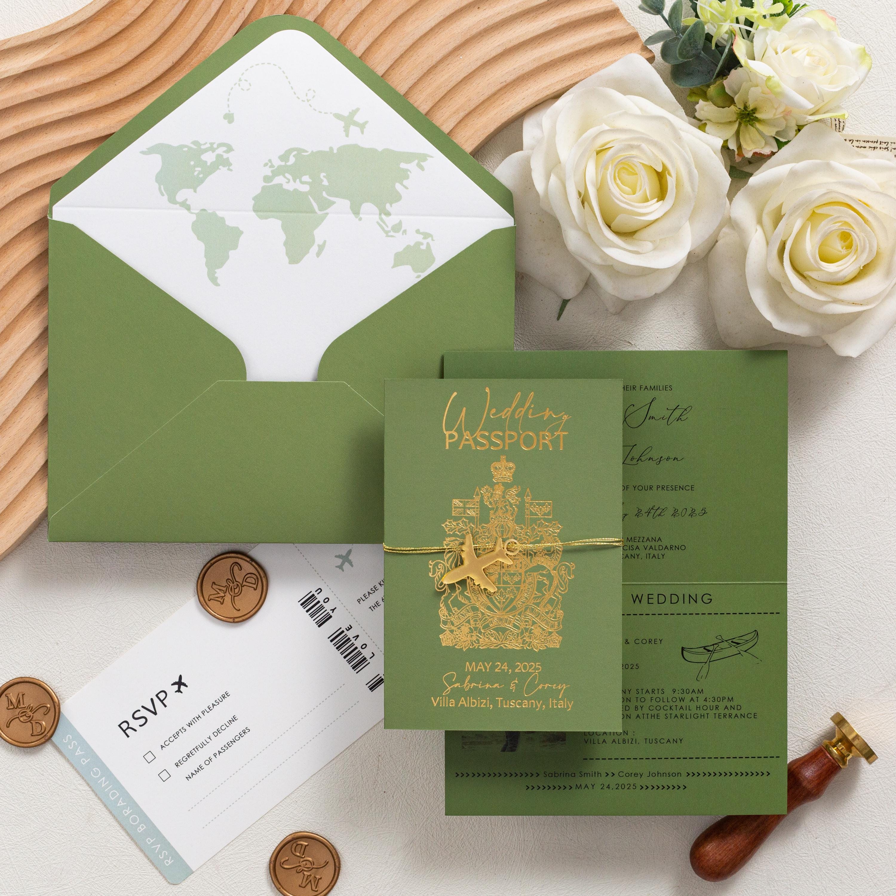 Destination Wedding Passport Invitation with Gold Plane Detail