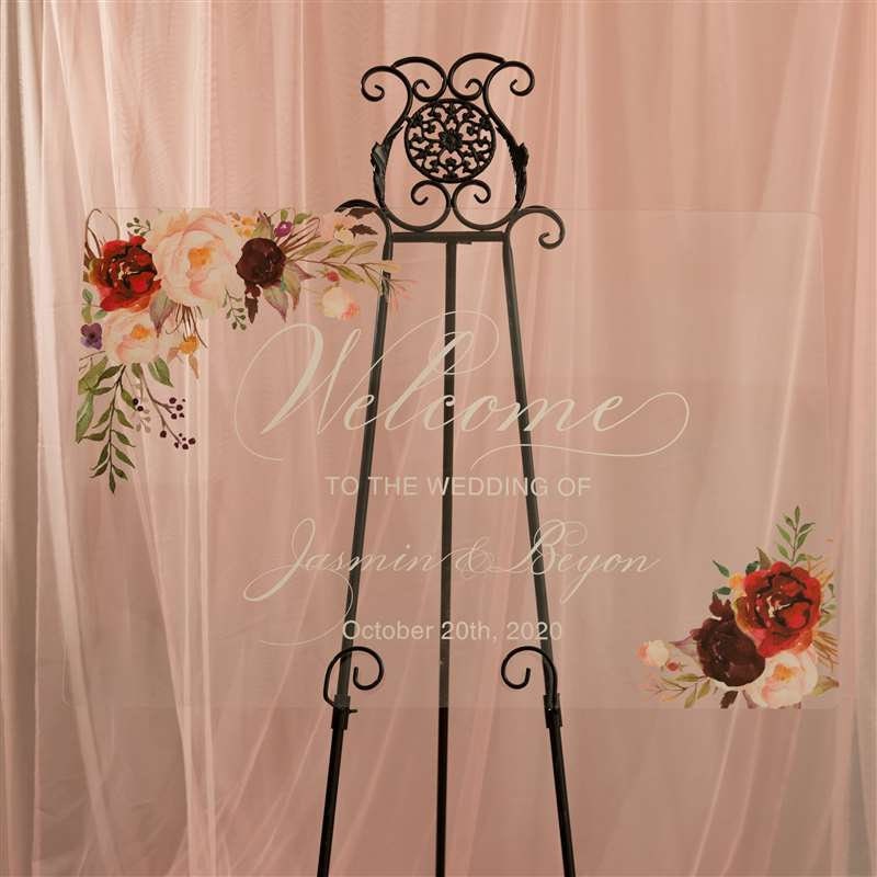 Burgundy Blush Floral Acrylic Wedding Welcome Sign