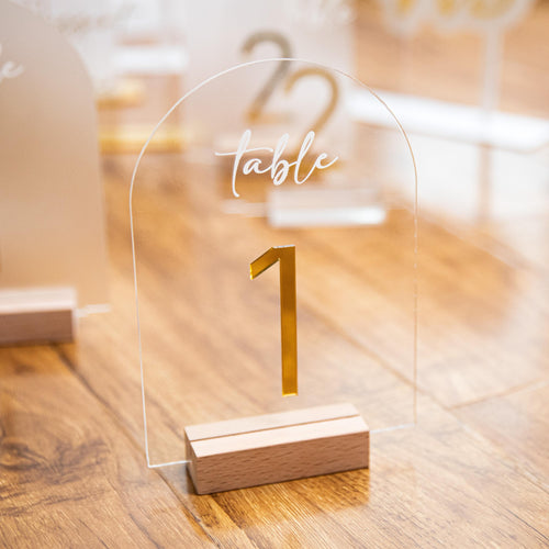 Arch Wedding Table Numbers and Names in Clear Acrylic and Gold Mirror 3D Letters