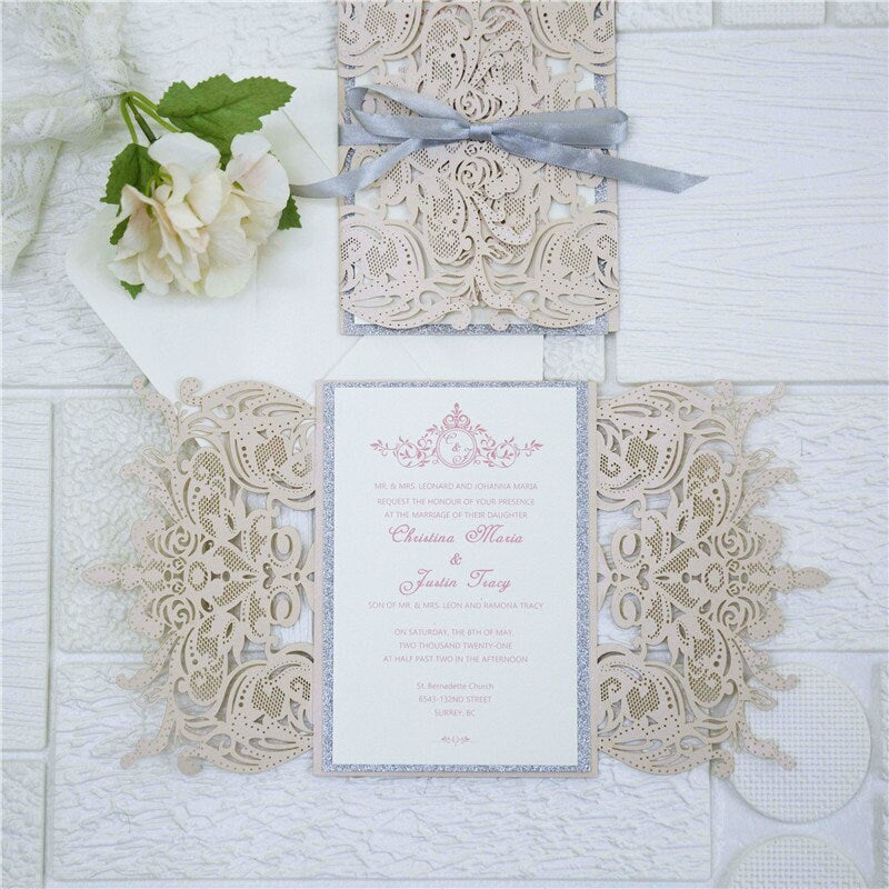 Laser Cut Blush Wedding Invitation with Silver Glitter