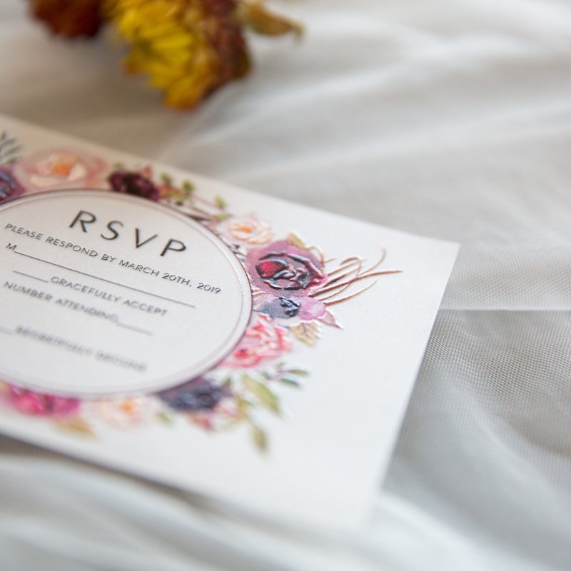UV Printed Floral Wedding Invitation, Burgundy & Peach